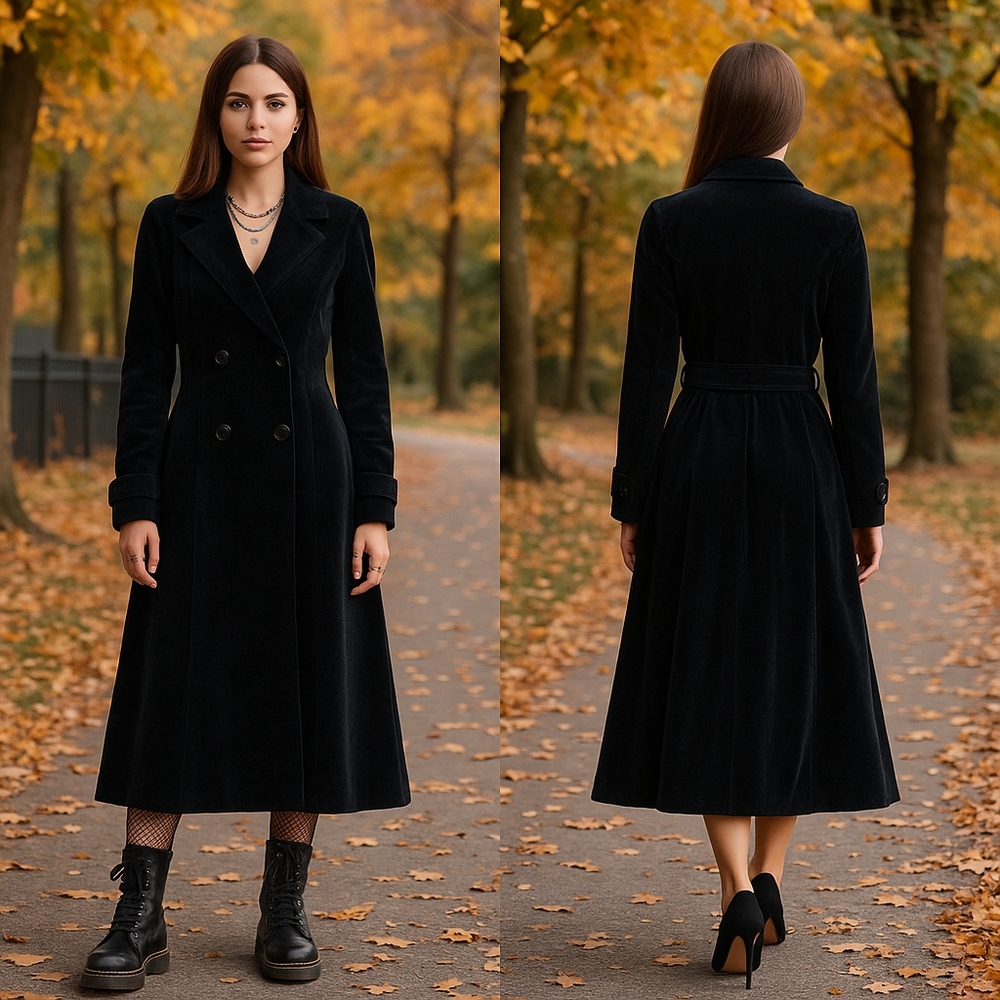 Women's Black Double-Breasted Velvet Trench Coat